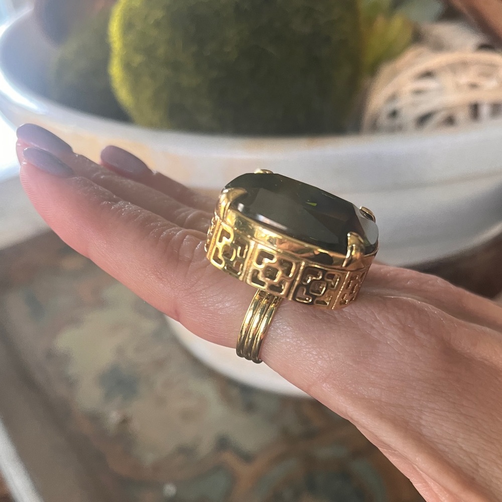Trina Turk Statement Ring in gold with Green Crystal